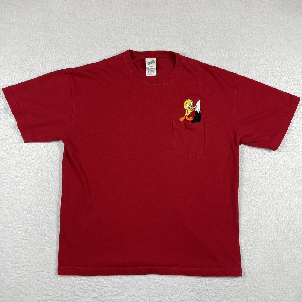 Warner Bros Shirt Mens Large Red Vintage 90s Tweety‎ Bird Sylvester Cartoon Tee